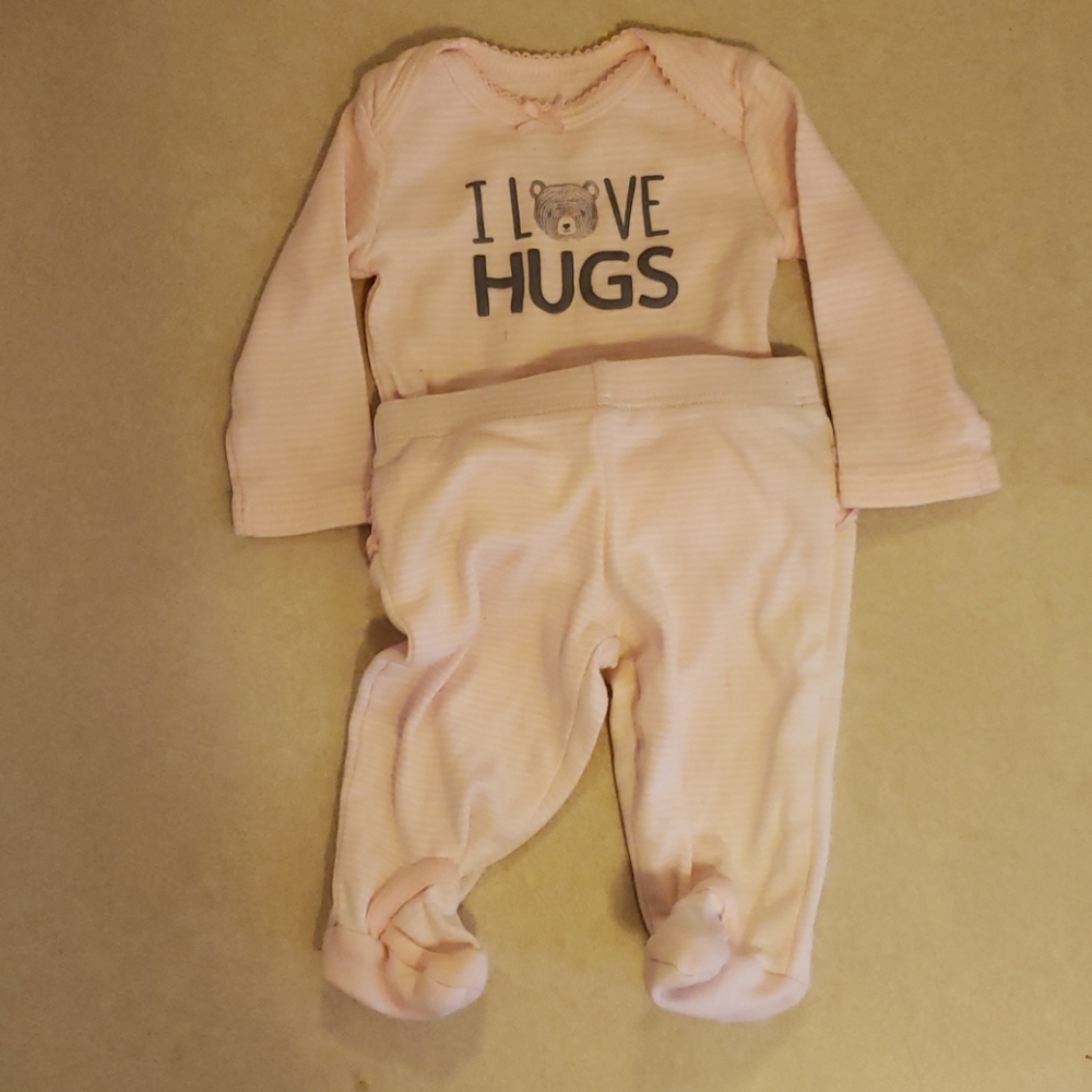 Two piece I love hugs onesie and footed pants set